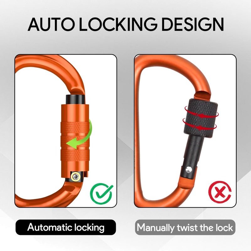 FVW CE Certified Auto Locking Climbing Carabiners, Professional 25KN (5620 lbs) Heavy Duty Caribeaners for Rappelling Swing Rescue & Gym etc, Large D-Shaped Carabiners - Image 4